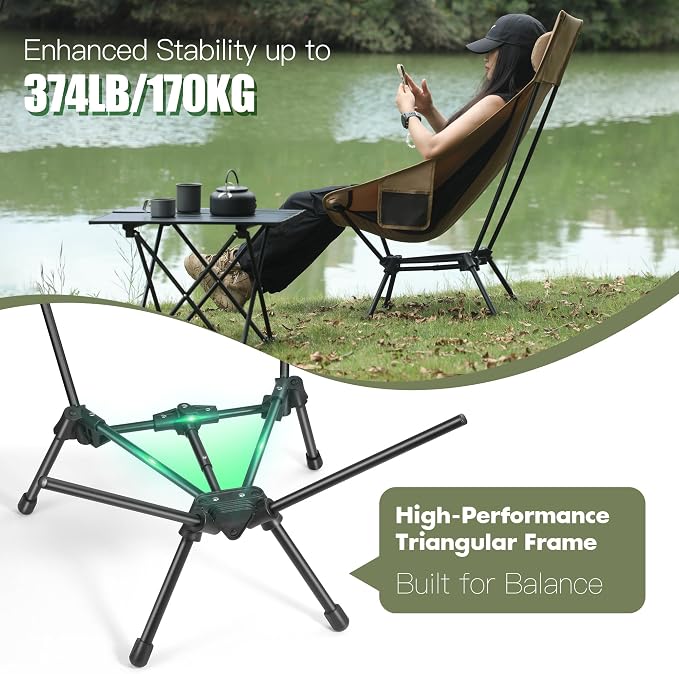 AuroraTrail High Back Folding Camping Chair with Pillow – Lightweight Portable Outdoor Chair with Cup Holder & Carry Bag, Sturdy Aluminum Frame Supports up to 374 lb for Camping, Hiking & Festivals