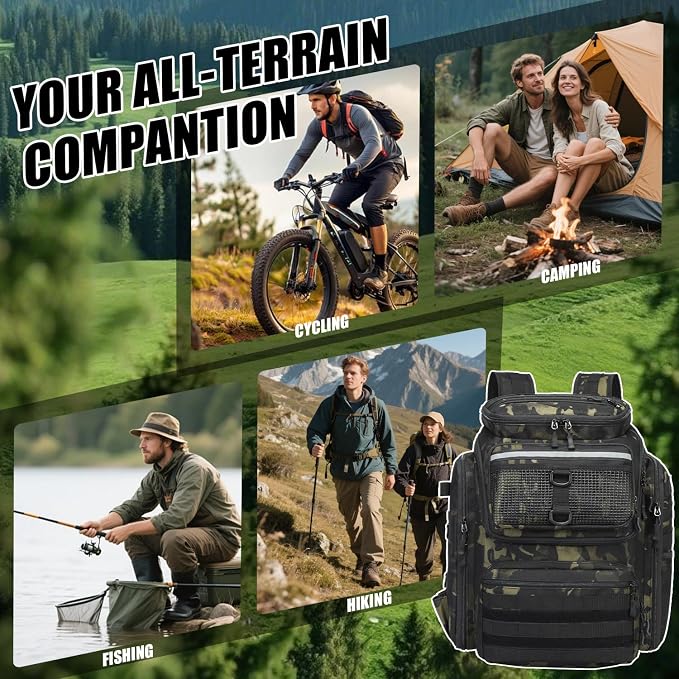 HAMBOLY Fishing Backpack 45L with Rod Holders, Water-Resistant Tackle Backpack for Fishermen, Large Capacity Fishing Gear Bag for Travel Hiking Camping