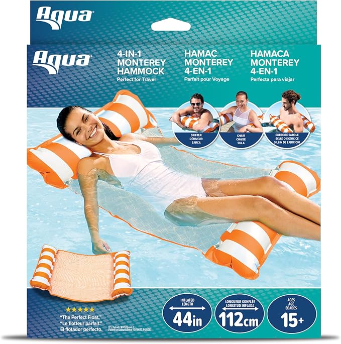 Aqua Original 4-in-1 Monterey Hammock Pool Float & Water Hammock – Multi-Purpose, Inflatable Pool Floats for Adults – Patented Thick, Non-Stick PVC Material – Orange/White Stripe
