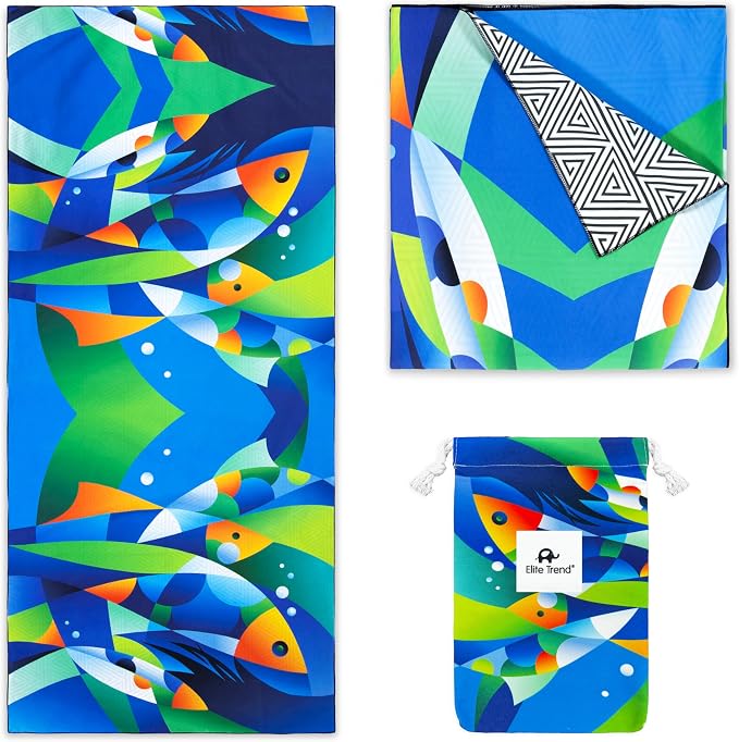 Elite Trend Quick Dry Towel Extra Large 78x35 Inch - Microfiber Beach Towel - Perfect for Beach, Travel, Swimming, Pool, Yoga, Hiking, Camping - Lightweight, Fast Drying, Compact for Adults (Fishes)