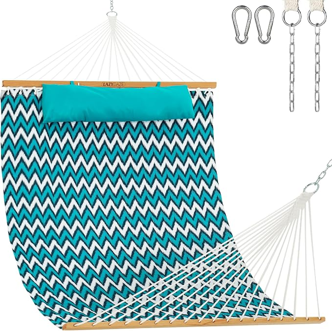Lazy Daze Hammocks 12 FT Quilted Fabric Double Hammock with Spreader Bars and Detachable Pillow, 2 Person Hammock for Outdoor Patio Backyard Poolside, 450 LBS Weight Capacity, White & Blue Chevron