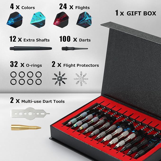 Soft Tip Darts Set with Gift Box Dart Case Professional Darts Plastic Tip with 100 Dart Tips 12 Shafts 24 Flights Tool Kit Flight Protectors for Electronic Dart Board