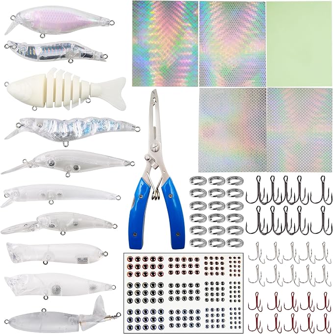 Blank Fishing Lure Kit,Unpainted Popper Plug Lures DIY Crank Bait Set Fishing Pliers Treble Hooks 3D/4D Lure Eyes Bait Sticker Split Rings,Fish Tackle Accessories Kits
