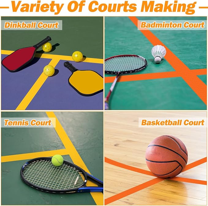 4 Pcs Pickleball Court Tape, 2in x 656 ft Tape for Outdoor Indoor Court Temporary Lines Marking Kit for Basketball Games Activities, Orange and Yellow