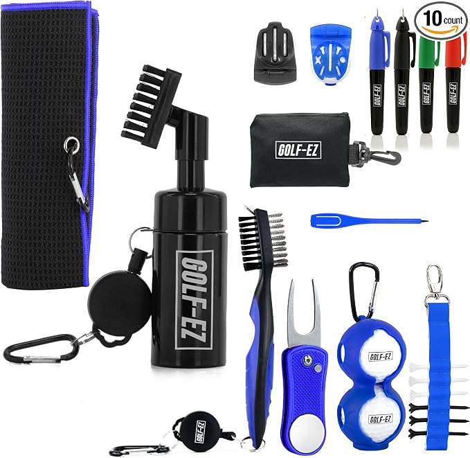 Golf Essentials Kit | Must-Have Accessories – Water Brush, Towel, Club Brush, Ball Marker, Divot Repair Tool, Ball & Tee Holder, Golf Gifts for Men & Women