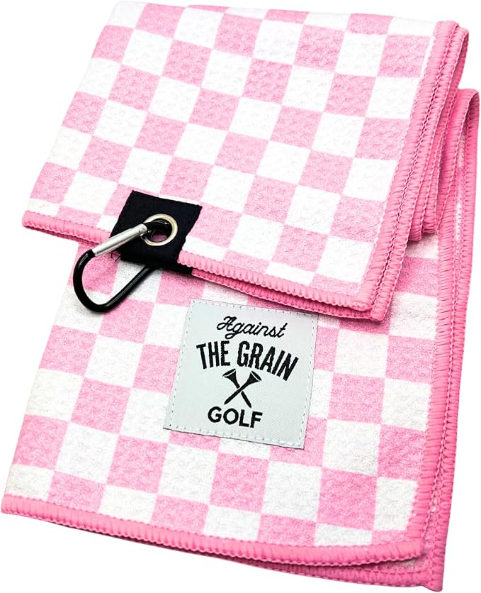 Against The Grain Microfiber Pink Golf Towel for Golf Bags Women with Clip - (12"x20") Blue & White Checkered Design Golf Club Towel, Womens Golf Towel, Golf Gifts for Women, Pink Golf Accessories