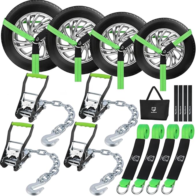 4 Pack Car Tie Down Straps for Trailers, Tire Ratchet Strap with Chain Anchors, 2" x8' 10,000lbs Break Strength -T-Handle Car Hauler Tire Lasso Wheel Straps for Hauling UTV, Truck, SUV