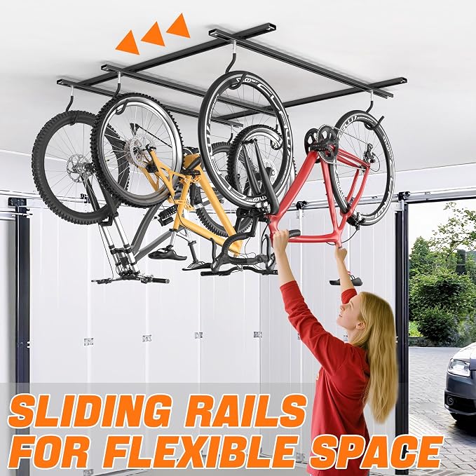 TORACK Ceiling Bike Rack for Garage, Ceiling-Mounted Bicycle Storage Hooks for 3 Bikes (Horizontal) or 6 Bikes (Vertical), Adjustable Overhead Bicycle Hooks for Mountain, Road Bike