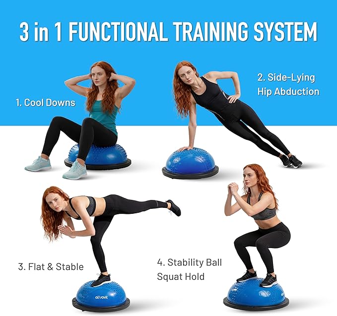 ATIVAFIT Balance Ball Trainer - Half Exercise Ball with Inflation Pump & Resistance Bands - Anti-Burst PVC Stability Trainer for Home Gym, Yoga, Core Training - 660 lbs Capacity