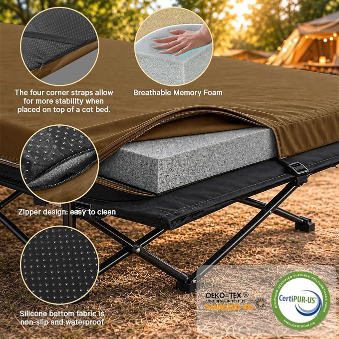 CYMULA Camping Cot Pad 2 Inch Memory Foam, Camping Pad for Folding Cot and Foldable Cot, Portable Roll Up Camp Gear for Car Camping Travel Tent, Non-Slip Waterproof Bottom, Removable Cover, Pad Only
