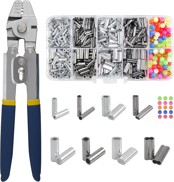 Fishing Crimping Tool Kit Stainless Steel Crimp Pliers Wire Rope Crimping Tool + 590pcs Crimp Sleeves Beads Kit,8 Crimping Sizes