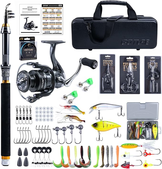 Goture Telescopic Fishing Rod and Reel Combo with PC Hard Shell Case | 24T Carbon Fiber Pole,Spinning Reel,Waterproof PC Case,Line,Pliers,Gripper,Lures Set,for Starter Travel Saltwater Freshwater