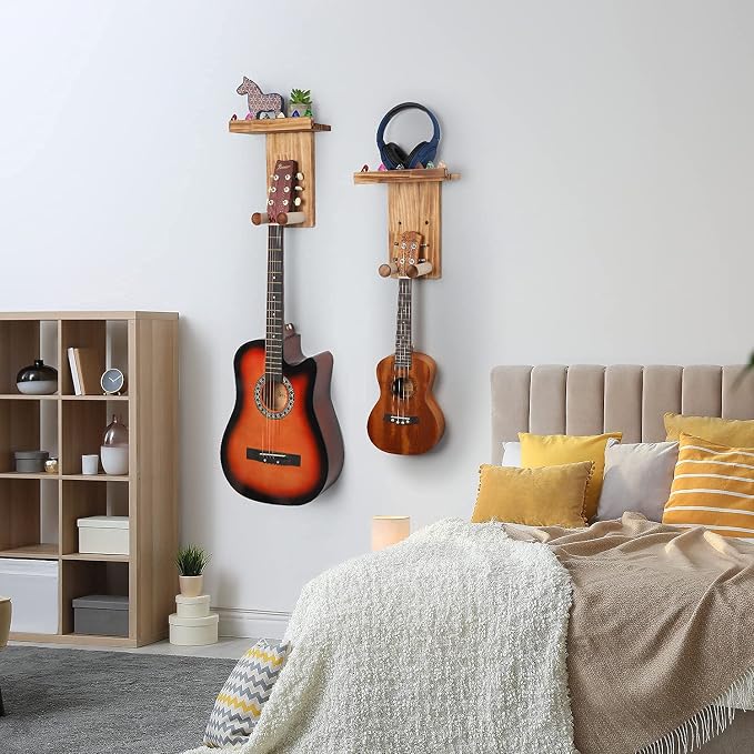 Keebofly Guitar Wall Hanger,2 Pack Guitar Wall Mount Holder Guitar Hanger Shelf with Pick Holder Solid Pine Wood Guitar Rack for Acoustic or Electric Guitar,Ukulele,Bass,Mandolin Brown，[Patented]