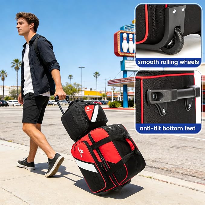 3 Ball Bowling Bags with Wheels, 2 Ball Bowling Bags Double roller with Single Ball Tote, Multi-Pockets & Shoe Compartment (Fits Up to Size 15).