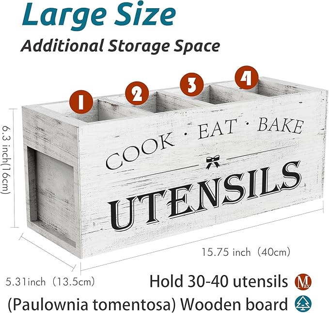 Suli Extra Large Kitchen Utensils Holder with 4 Compartments, Wooden Utensil Organizer for Kitchen Countertop, Farmhouse Decor, Rustic Cooking Utensil - White grain