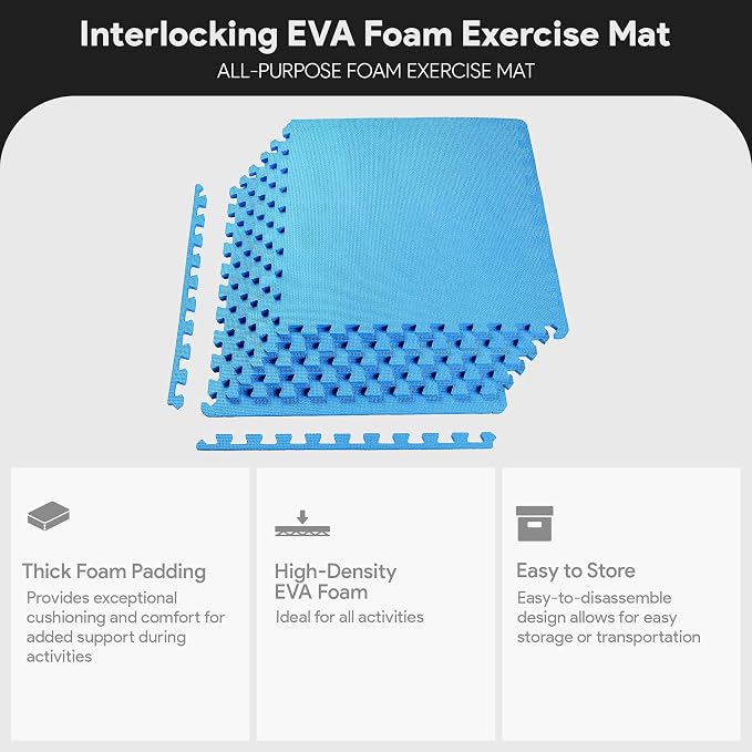 BalanceFrom Puzzle Exercise Mat 1/2" Thick, EVA Interlocking Foam Floor Tiles for Home Gym, Mat for Home Workout Equipment, Floor Padding for Kids, Blue, 24 in x 24 in x 1/2 in, 24 Sq Ft - 6 Tiles