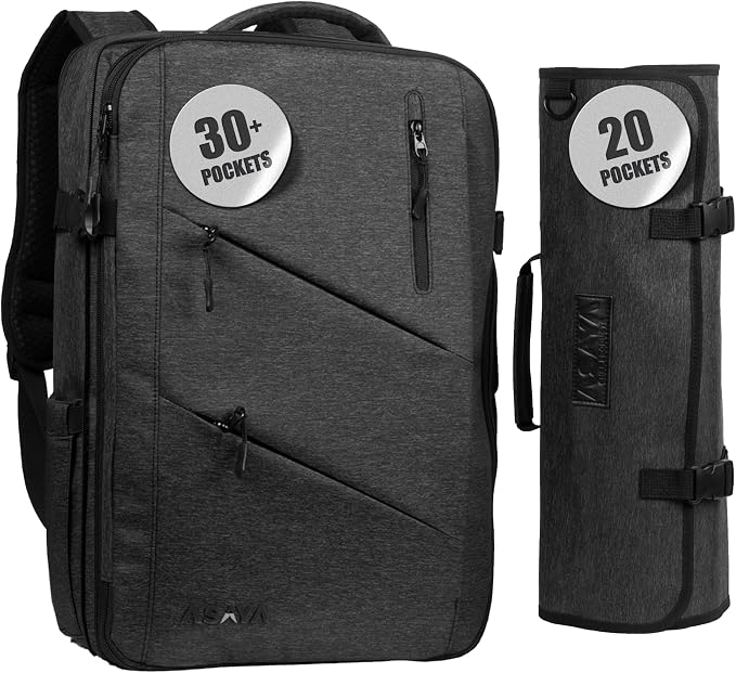 Asaya Chef Knife Backpack with 20-Pocket Knife Roll Bag - Over 30 Storage Pockets Chef Bag, Professional Backpack for Chefs and Culinary Students – Knives Not Included (Black)