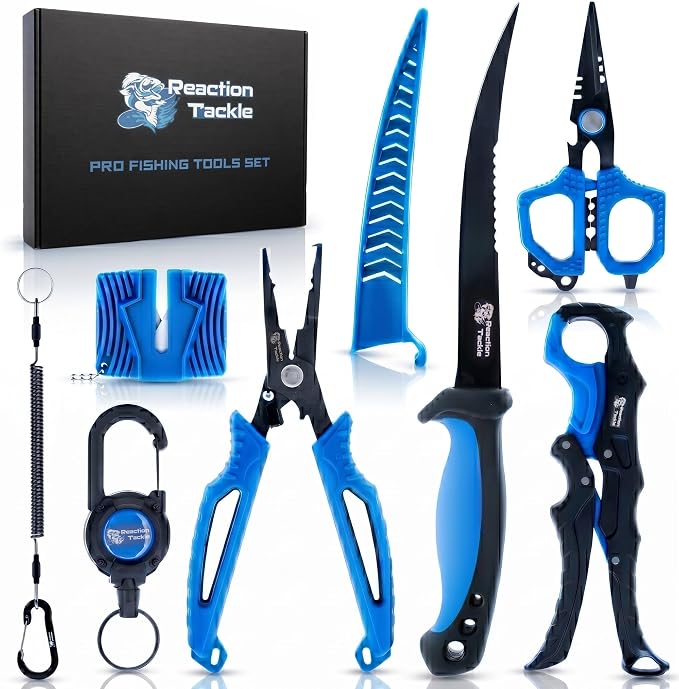Reaction Tackle 7 Piece Fishing Tool Kit, Fillet Knife and Sharpener, Fishing Pliers, Braid Scissors, Floating Lip Gripper, Hook Remover and Lanyard, Stainless Steel for Saltwater and Freshwater