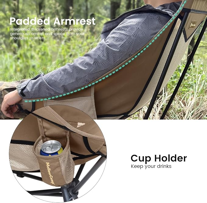 MellowCamp Folding High Back Camping Chair with Pillow, Portable Lightweight Chair Supports 374 lbs for Car Camping, RV, Tailgating, Beach, Fire Pit, Festival (Brown)