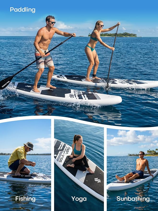 SOLAVERO Stand Up Paddle Board, 11‘ Inflatable SUP Supports 500LB - Wide Stable Board with Non-Slip EVA Deck for Adults & Youth of All Skill Levels