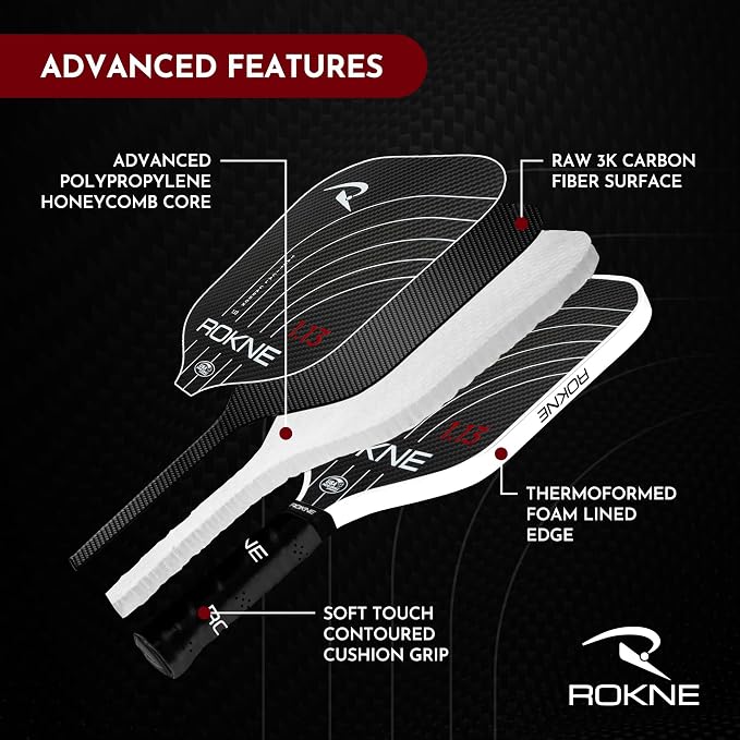 ROKNE Taktical Carbon Series, Pickleball Paddle, 3K Raw Carbon Fiber, Thermoformed Foam Lined Edge, 13MM or 16MM, USAPA Approved Pickleball Racket, High Grit Texture, Max Spin