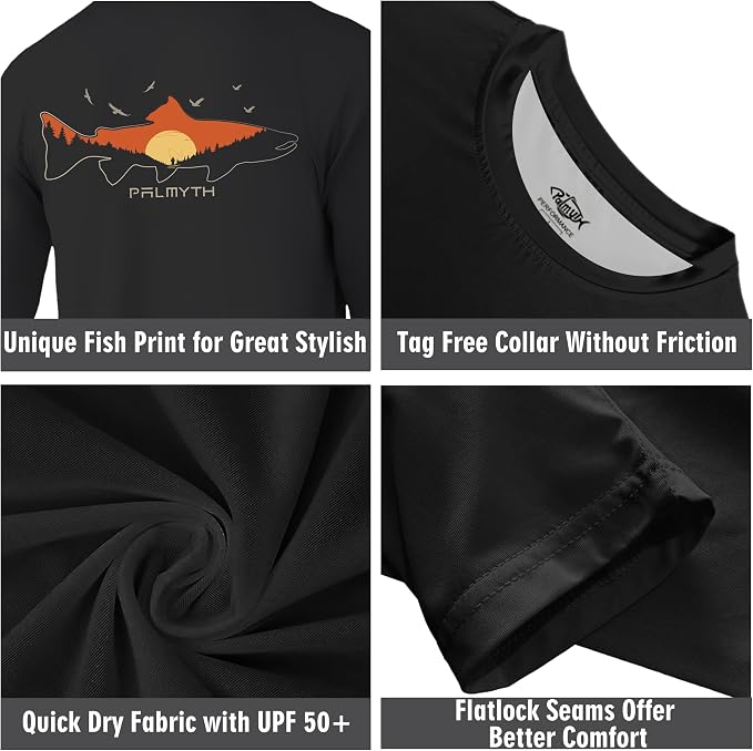 Palmyth Fishing Shirts for Men Long Sleeve UPF 50+ T Shirt Sun Protection | Quick Dry, Sun Protection, Myth-Cool Fabric, Fish Print, Moisture Wicking, Stretchy, Breathable, Fishing,Boating,Outdoor Wear