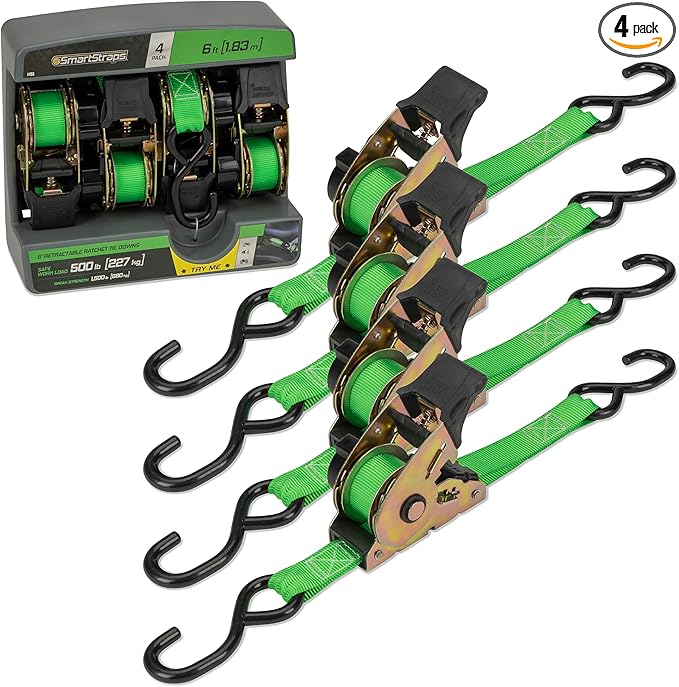 SMARTSTRAPS Retractable Ratchet Tie Down Straps (4 PK) 1,500lb Break Strength, 500lb Safe Work Load, Standard Duty, Secure and Haul ATVs, Lawn Tractors, Cargo, Boxes and Other Small Equipment