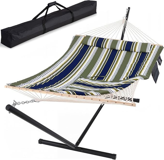 SUNCREAT Hammocks Double Outdoor Hammock with Stand, Cotton Rope Two Person Hammock with Polyester Pad & Large Pillow, Carrying Bag, Blue& Gray