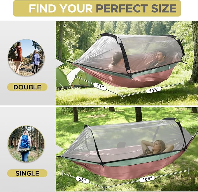 Sunyear Camping Hammock Tent - Portable Hammocks with Mosquito Net (Single/Double, 500lbs Capacity) - Spacious & Anti-Rollover Design with 2 Tree Straps for Hiking, Backpacking, Indoor/Outdoor Use