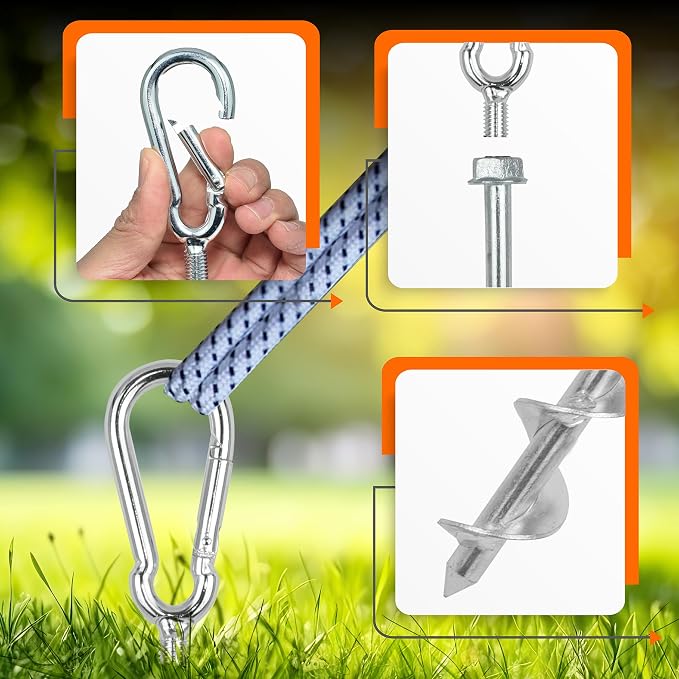 Earth Anchors - Heavy Duty Screw in Ground Stakes with Swing Carabiners - 12" Set of 4 with Drill Bit - Tent Stakes for Camping & Awning Canopy Anchor
