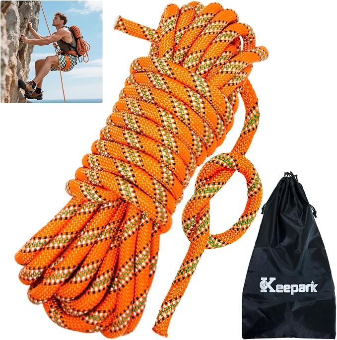 10.5mm Static Climbing Rope - 32FT Rock Climbing Rope for Adults & Kids, Outdoor Heavy Duty Rappelling Ropes for Fire Rescue, Escape, Ice Climbing, Parachute, Caving - Orange