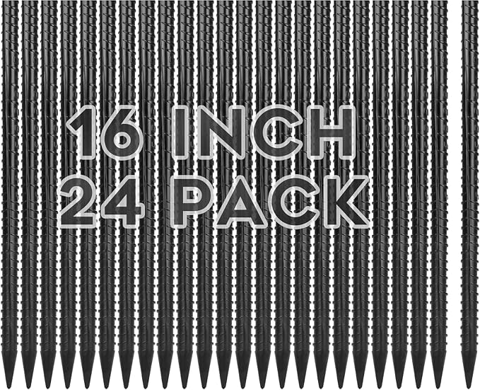 Gbekery 16 Inches Rebar Stakes(24pcs) Heavy Duty Straight Metal Ground Anchors with Chisel Point Ends for Timber,Concrete,Plant Support,Camping Tents,3/8 Inch Thickness Garden Stakes,Black