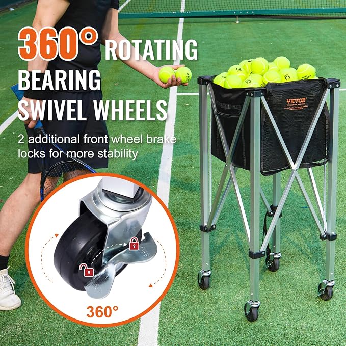 VEVORFoldable Tennis Ball Hopper, Holds 150-180 Tennis Balls, Lightweight Aluminum Alloy Tennis Ball Basket Cart with Wheels for Tennis Player