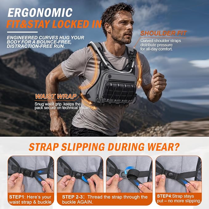 BECOJADDE Running Vest for Men with 2L Water Bladder Tactical Hydration Backpack Adjustable Lightweight Chest Pack for Marathon Hunting Cycling