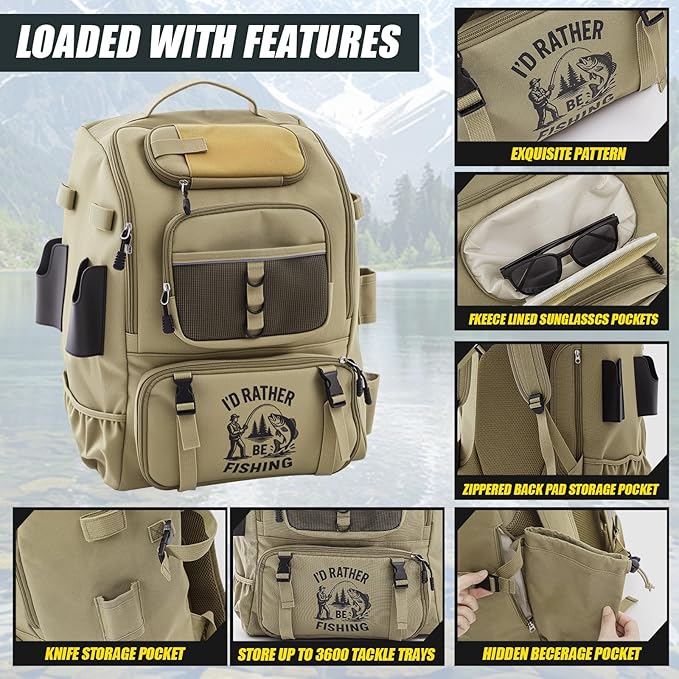 Fishing Tackle Backpack with Rod Holders, Gift for Fishermen Fishing Lovers, 40l Water Resistant Tackle Storage Bag with Adjustable Compartments, Large Capacity