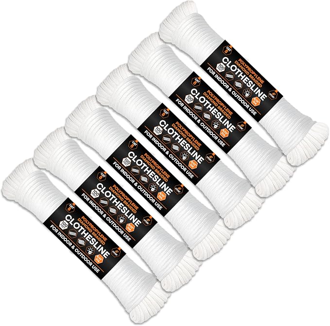 Xpose Safety Diamond Braided Clothesline Rope 8/32" x 100 ft, White Polypropylene Heavy Duty Braided Cord for Clothesline, Camping, Tents, Flagpole, Hoist, Pulley & Outdoor Use, 6 Pack