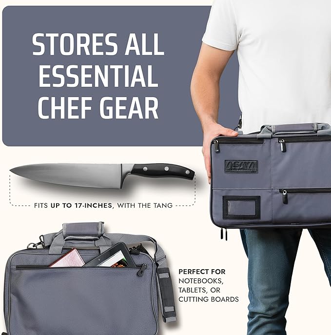 Asaya Chef Knife Bag - 28-Pocket Knives Carrying Case for Kitchen Tools and Utensils, Ballistic Nylon Chef Knife Roll Bag with Adjustable Shoulder Strap - Knives Not Included (Grey)