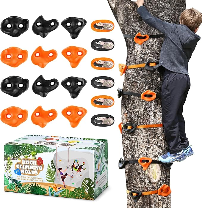 TOPNEW 12 Ninja Tree Climbing Holds for Kids Climber, Orange & Black Tree Climbing Kit with 6 Ratchet Straps for Outdoor Ninja Warrior Obstacle Course Training