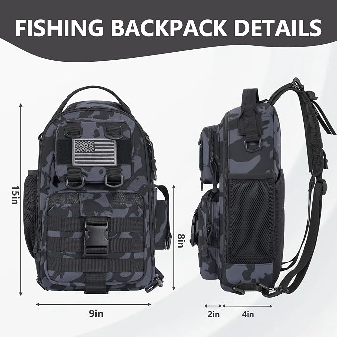 GMAK Fishing Backpack Tackle Sling Bag, Tactical Fishing Tackle Backpack with Rod & Gear Holder, Lightweight Outdoor Water-Resistant Tackle Gear Pack Shoulder Bags for Men Women, Black Camo