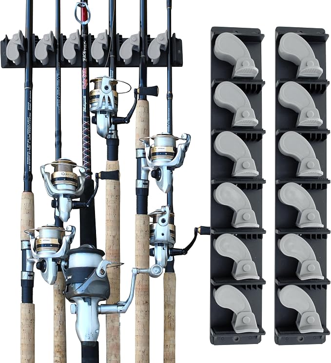 Rush Creek Creations Vertical Fishing Rod Holder, Wall Mounted Fishing Rod Rack, Holds up to 6, 12, 24 Rods or Combos, Fishing Rod Holders for Garage, Fits Most Rod Diameter 3-19mm (2)
