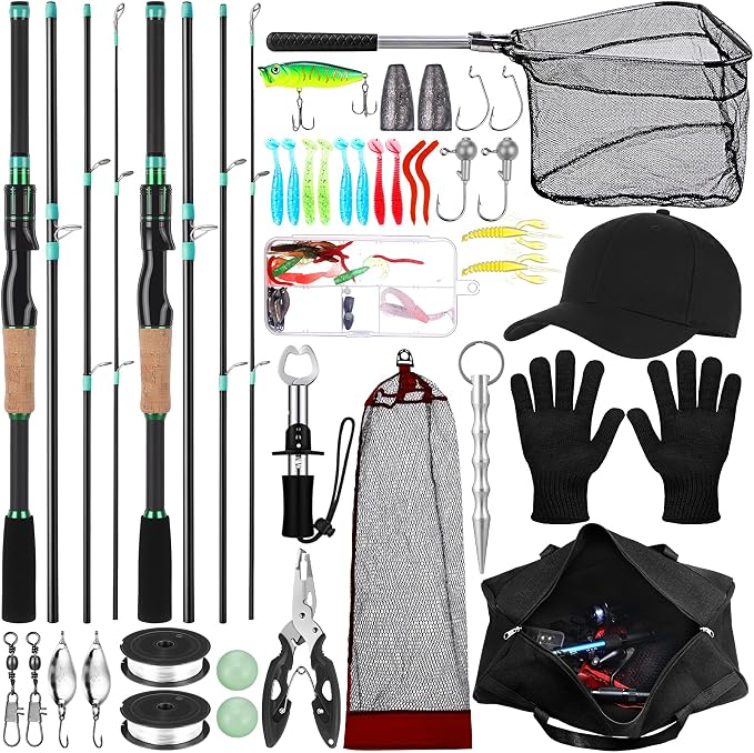 60 Pcs Father's Day Fishing Rod and Line Combo Detachable Fishing Pole Kit Without Reel, Plier Lip Gripper, Fish Lure Hook Accessories, Carrier Bag for Beginner Men Travel Saltwater Freshwater