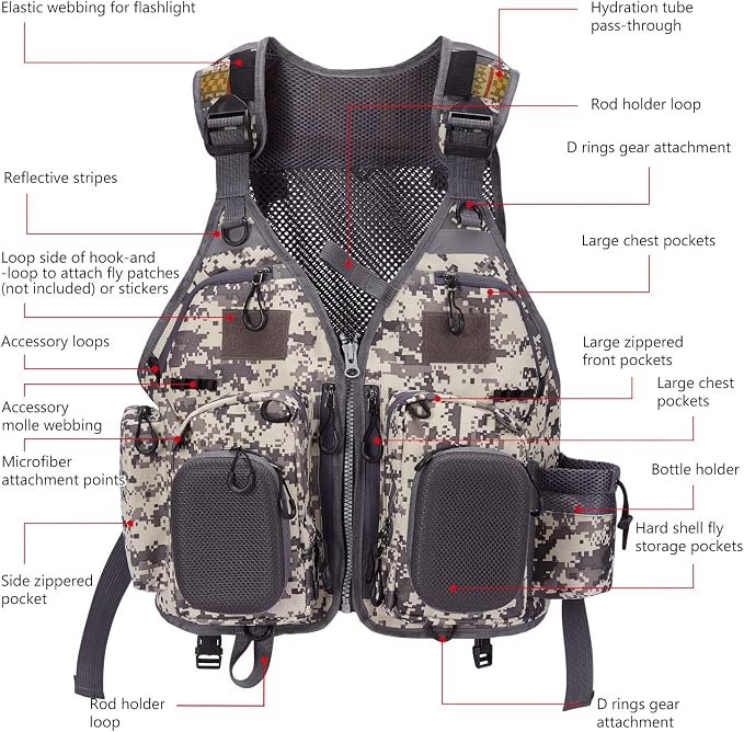 BASSDASH Strap Fishing Vest Adjustable for Men and Women, for Fly Bass Fishing and Outdoor Activities