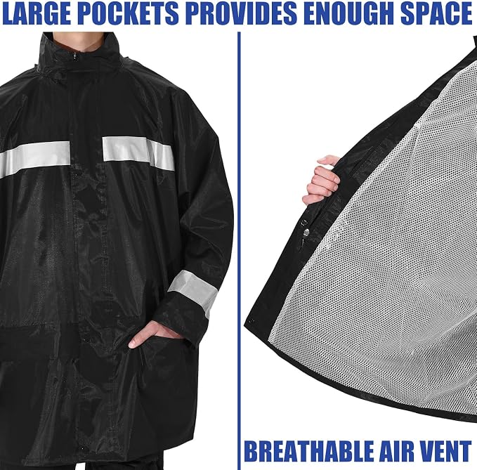 Halfchet 2 Pcs Reflective Rain Jacket for Men Waterproof High Visibility Rain Coat Black Safety Jacket with Reflective Strip