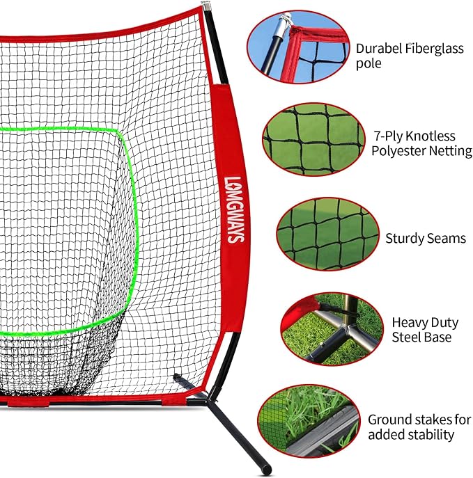 7x7ft/8x8ft Baseball Softball Net with Steel Frame for Batting, Hitting, Pitching, Portable Baseball Batting Net with Carry Bag, Great for All Levels