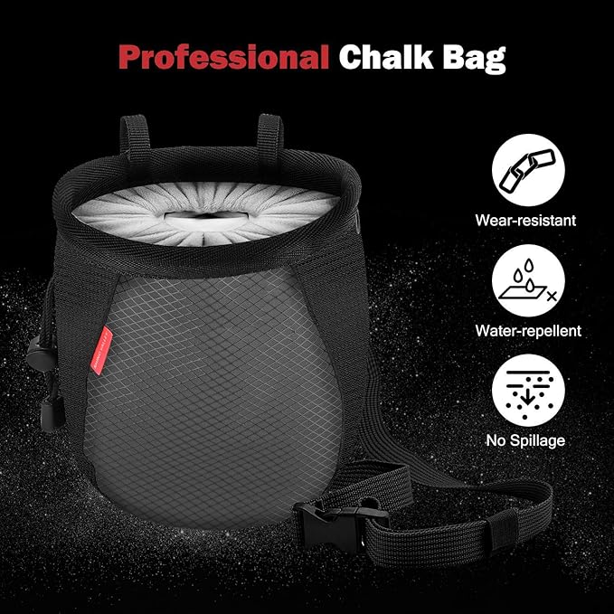 Rhino Valley Climbing Chalk Bag, No Leak Drawstring Chalk Bag with Adjustable Belt, Carabiner Clip and Zippered Pockets Chalk Bag for Rock Climbing, Cross Fit, Weight Lifting & More