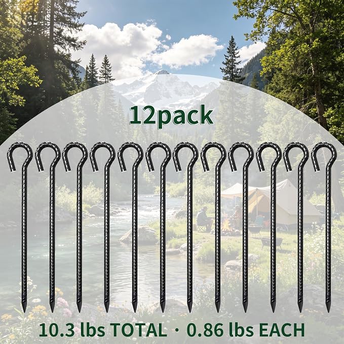 16 Inch Rebar Stakes 1/2" Diameter 12 Pack Heavy Duty Tent Stakes with Loop | Ground Anchors for Camping Canopy, Tent, Trampoline, Garden Tree Support, Holiday Decor, Dog Tie Out, Black