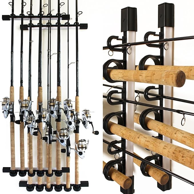 Rush Creek Creations 6 Rod Fishing Holder - Vertical/Horizontal Rack for Garage Organization and Wall Storage