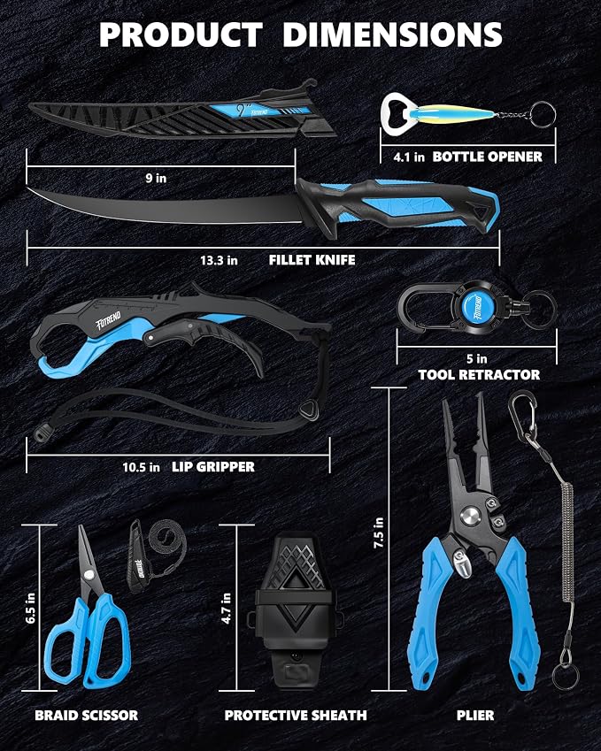Fishing Tool Kit, Fishing Gear and Gifts for Men | Fishing Plier with Sheath, Fillet Knife, Fishing Scissors, Fish Lip Gripper, Tool Retractor, Keychain Bottle Opener
