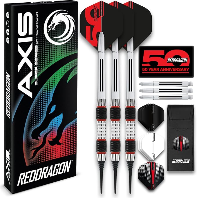 RED DRAGON Axis Professional Darts Set - 85% Tungsten Darts with Flights, Shafts & Wallet - Available in Multiple Colors, Soft Tip 18g and Steel Tip 24g - 28g