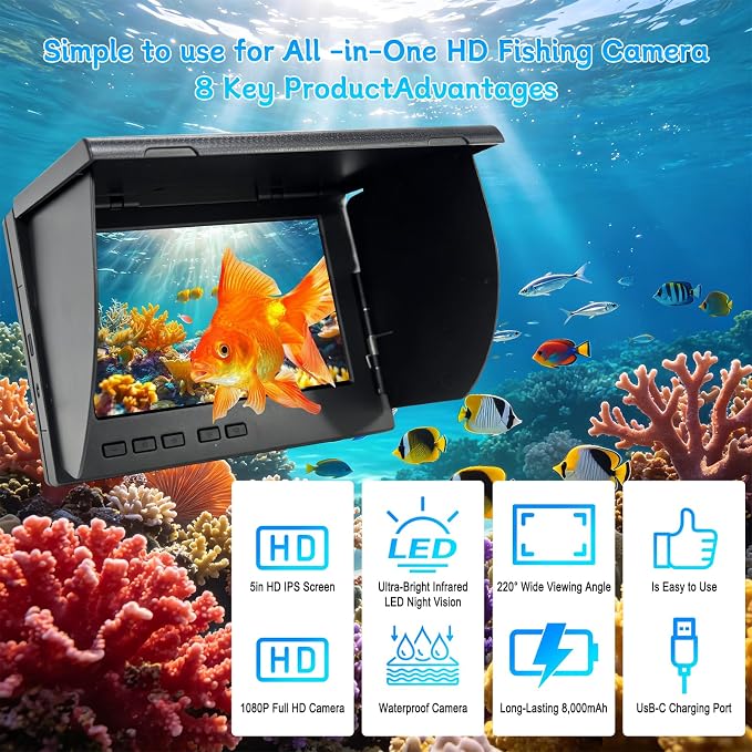 5" Underwater Fishing Camera, 2000NIT Sunlight Readable Fish Finder with 1080P Lens, 8000mAh Battery for 9H Use, IP68 Waterproof Video Camera for Ice Lake Boat Kayak Fishing - 65ft/20m Cable